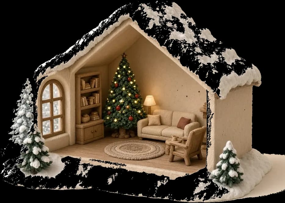 Cozy miniature Christmas room with a tree, sofa, and snowy window
