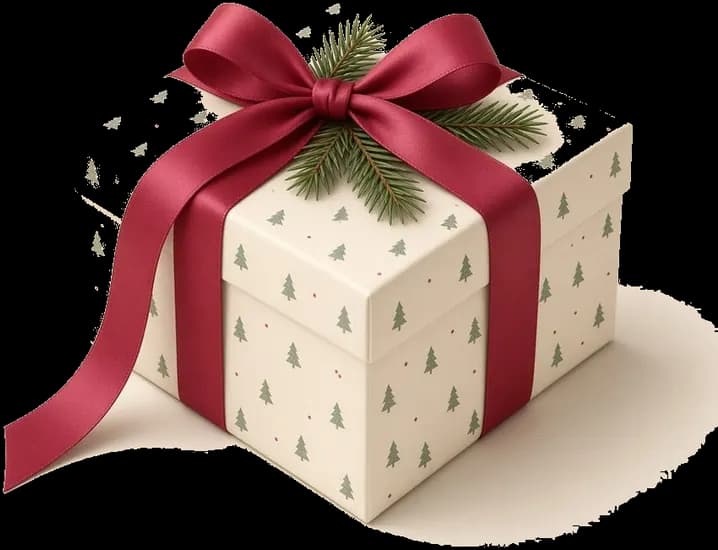 Cream gift box tied with a berry red ribbon and pine sprigs