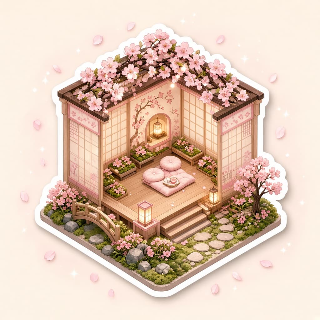 Illustration of a finished cherry blossom miniature garden scene