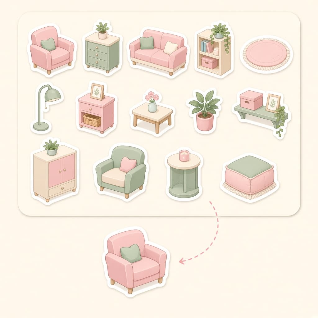Illustrated sticker sheet with miniature furniture pieces