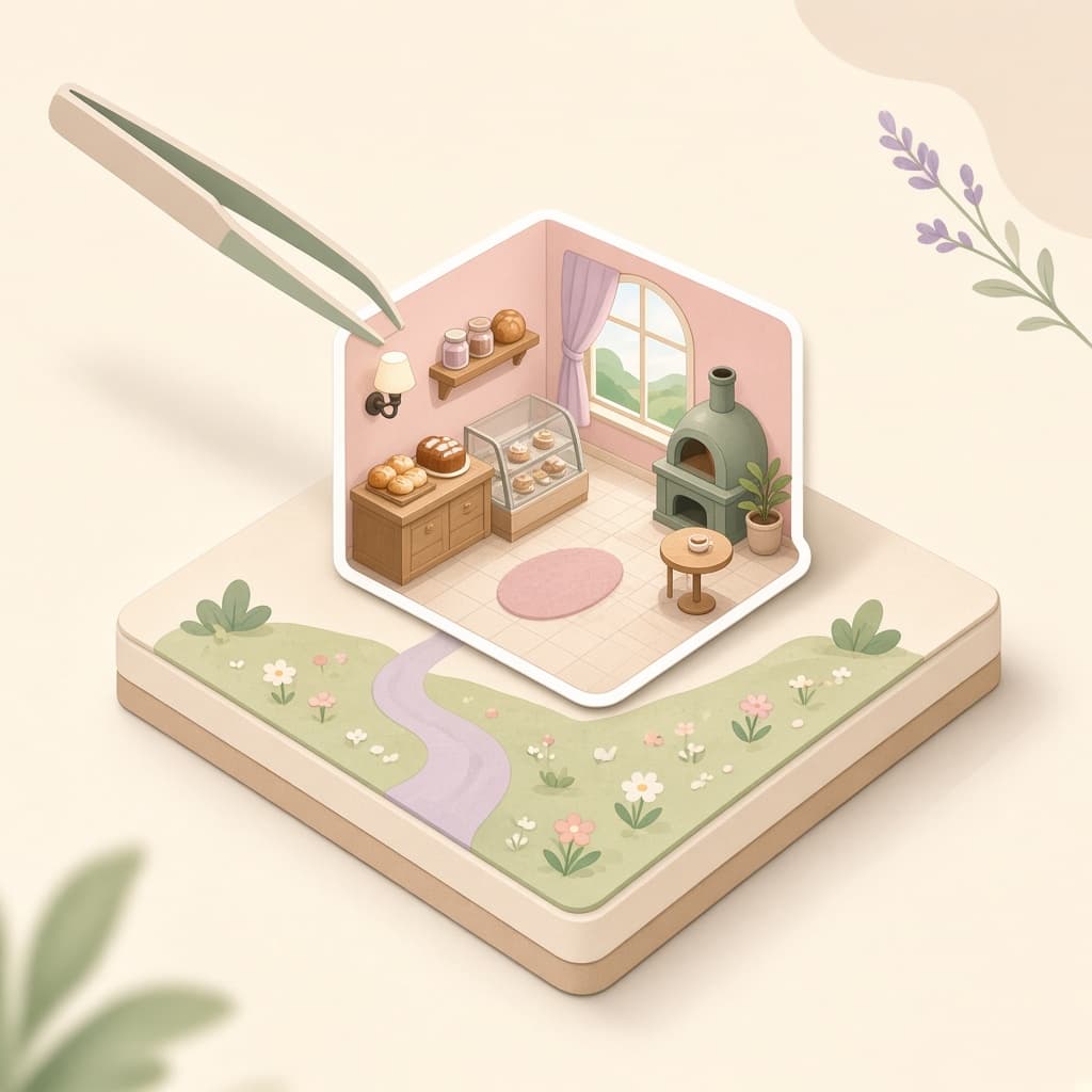 Illustration of placing a sticker onto a miniature scene base