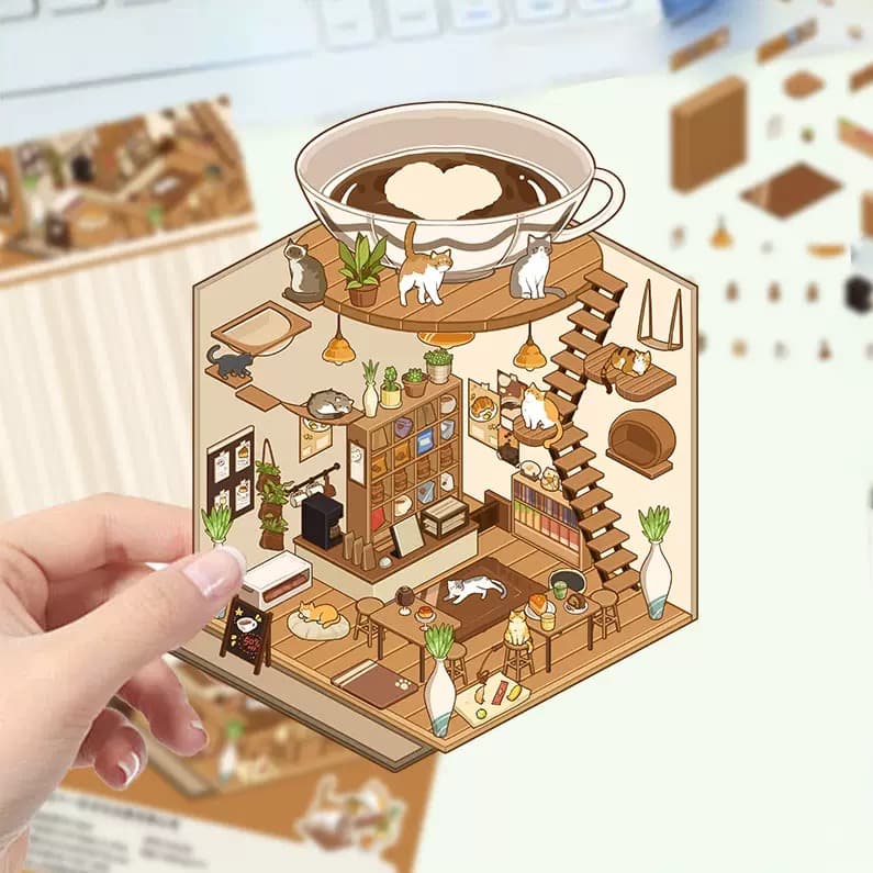 A tiny illustrated cat cafe