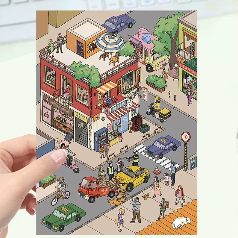 A tiny illustrated city street